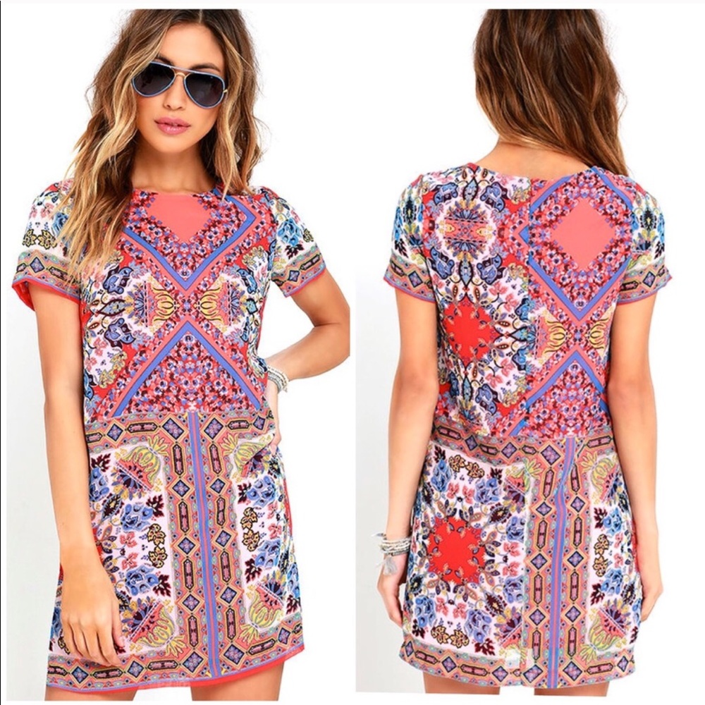 Lulus Sangria Coral Pink Tile Print Shift Dress XL
